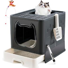 Gefryco Cat Litter Box with Lid, Top Entry Litter Box with Controlled Access, Covered Enclosed Cat Potty Odor Control, Kitten Litter Box for Small to Medium Cats, Scoop and Clean Brush Included(Grey)