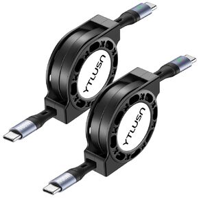 Retractable USB C Cable, 2Pack 4Ft 100W LED USB C to USB C Cable 5A Fast Charging Cable,Type C to Type C Charger Cord,USB C Cord for iPhone 15/Pro/Plus/Pro Max iPad MacBook Galaxy Pixel PS5