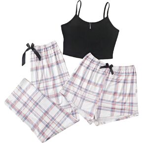OYOANGLE Women's 3 Piece Pajama Set Cami Top and Plaid Print Shorts Pants Pj Set Loungewear