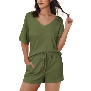 Ekouaer Women's 2 Piece Lounge Set V-Neck Pajama Sets Oversized Summer Outfits with Pockets