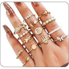 CSIYANJRY99 Gold Bohemian Knuckle Ring Set for Women Girls, Vintage Stacked Delicate Knuckle Finger Gold Jewelry Set With Star-moon Butterfly and Sparkling Crystal Rhinestone Ring