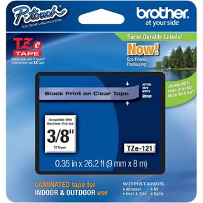 Genuine Brother 3/8" (9mm) Black on Clear TZe P-Touch Tape for Brother PT-1290, PT1290 Label Maker
