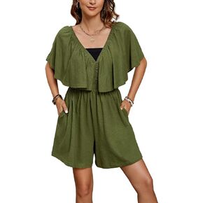 SKIKYAN Women Casual V Neck Flowy Romper Short Sleeves Wide Leg Jumpsuits Loose Fit Black Overalls with Pockets