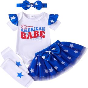 Infant Baby Girl 4th of July Outfit Short Sleeve Romper Mesh Skirt Socks Headband Cute American Flag Clothes 4Pcs
