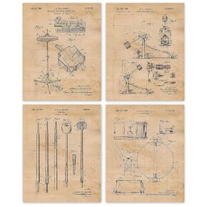 Vintage Drums Equipment Patent Prints, 4 (8x10) Unframed Photos, Wall Art Decor Gifts Under 20 for Home Office Garage Man Cave DJ Musician College Student Teacher School Rock Band Drummer Champion Fan