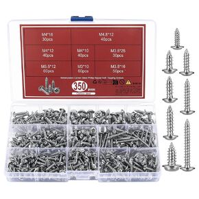 350 Pcs Phillips Drive Self Tapping Screws Assortment Kit, Phillips Truss Head Wood Screws, M3 M3.5 M4 M4.8 Carbon Steel Quick Metal Screws for Wood
