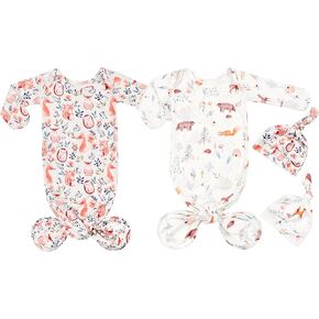 Newborn Knotted Gown Nightgown Soft Sleeper Gown with Hat Set for Baby Boy or Girl-2 Pieces