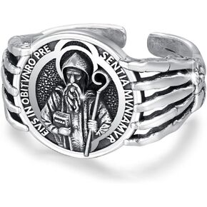 YueYuan Saint Benedict Ring for Men 925 Sterling Silver St Benedict Exorcism Ring Adjustable Retro Rings Protection Amulet Jewelry Gifts