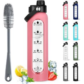 32 Oz Glass Water Bottle with Silicone Sleeve - Borosilicate Glass Water Bottles with Times to Drink– Reusable, Wide Mouth, BPA Free, Dishwasher Safe Water Bottle Glass - 1x Cleaning Brush