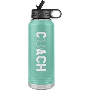 Baseball Coach Water Bottle - 32oz Insulated Engraved Stainless Steel Flip Top with Straw Baseball Coach Gift Black