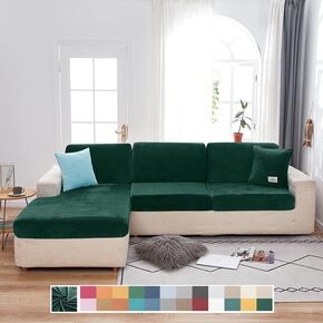 Separate Velvet Sofa Cover,Couch Covers for 2 Cushion Couch,Super Stretch Wear-Resistant Sofa Slipcovers,Washable Furniture Protector with Anti-Slip Elastic Bottom(Beige,Chaise Seat)