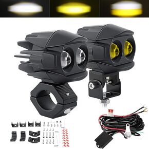 CO LIGHT Motorcycle LED Fog Lights 60W 18000LM Dual Color Auxiliary Driving Lights with Wire Harness Kit, 3 Modes Amber White Light Universal Fit for Motorcycle Motorbike Dirt Bike ATV UTV, 2PCS