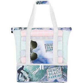 Women Mesh Tote Bag with Cooler: Zipper Closure Large Room for Beach Pool