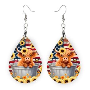 American Flag Highland Cow Earrings, Yellow Sunflower Cow Dangle Earrings