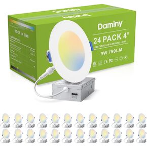 24 حزمة من مصابيح LED غائرة مقاس 6 بوصات مع صندوق وصلات، 5CCT، رفيعة للغاية، 12 وات 1080 لومن، إضاءة سفلية قابلة للتعتيم، سطوع عالي - ETL