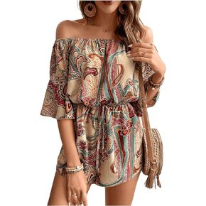 SOLY HUX Women's Boho Off Shoulder Romper Paisley Print High Waist Short Jumpsuits