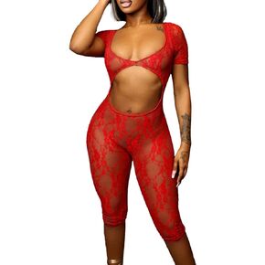 Mojessy Sexy Jumpsuits for Women Clubwear - Sheer Mesh Bodycon Short Sleeve Rompers Cut Out Lace Bodysuit Jumpsuit