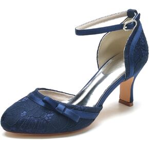 Dress First Wedding Shoes Lace Satin Bow Heels for Women High Heel Closed Toe Wedding Heels Bridesmaid Shoes Ankle Strap Heels Elegant with Buckle, 2.56 inch