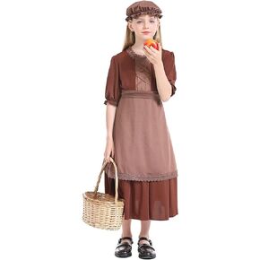 Pioneer Girl Costume Colonial Prairie Brown Dress Long Sleeve Child's Forum Costume Set with Apron for Kids 3 Pieces