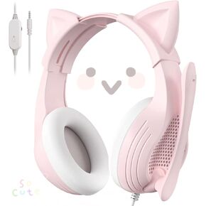 Pink Cat Ears Gaming Headset with Microphone for PS4 Xbox One PS5 Controller, Over Ear Wired Headphones with Mic for PC Computer Mac Laptop and Consoles