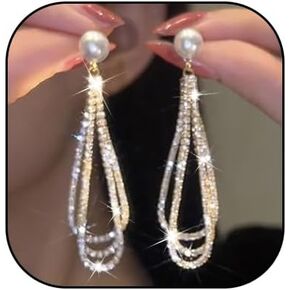 Cubic Zirconia Pearl Long Tassel Dangle Earrings Rhinestone Waterdrop Shape Tassel Drop Earrings Fashion Wedding Jewelry for Women Girls Gifts