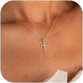 Cross Necklace 14K Gold/Silver Plated Double Cross Pendant Necklace Dainty Trendy Diamond Cross Charm Link Chain Choker Delicate Faith Jewelry Religious Gifts for Women Teen Girls Men Boys