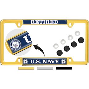 [Officially Licensed Product] - U.S. Navy Retired with Eagle, Anchor Logo - Domed Custom-Made Personalized Narrow (Thin) Top 4 Hole Metal Car License Plate Frame with Free caps - Black (Qty:1 Frame)