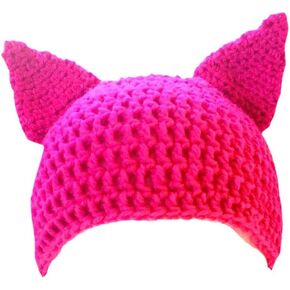 Hand Crochet Women's Hot Pink Pussy Cat Beanie Hat with Ears