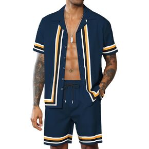 LecGee Men Hawaiian 2 Piece Set Luxury Striped Tracksuit Button Down Short Sleeve Shirt Summer Vacation Beach Outfits