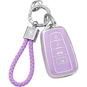 PIFOOG Key Fob Cover for Toyota RAV4 Camry Highlander Corolla 4Runner Prius Avalon C-HR 4 Button Car Keys Case Shell Protector Bling Keychain Purple Accessories Girly Women TPU