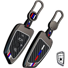 OLLEN Heavy Zinc Alloy Key Fob Cover, Fit for BMW 2 5 6 7 Series X1 X2 X3 X5 X6 GT Series, Full Protection Remote Fob Cover with Carbon Fiber Pattern, Blade Shape, Gunmetal (1 Pcs)