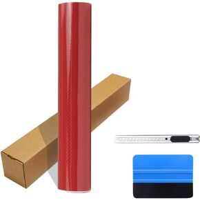 Red Carbon Fiber Vinyl Wrap with 2 Pcs Tool Kit, Self Adhesive Film, Red Vinyl Wrap Bubble Free with Air Release Technology, Perfect for Cars DIY Exterior Interior Protect(12'' x 60''/30 x 150cm)