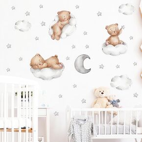 Cute Blue Sleeping Baby Beer Wall Stickers, sacinora Moon and Stars DIY Art Wall Decals Removable Vinyl Peel and Stick for Boys Kids Baby Nursery Bedroom Toddler Room Kindergarten Decorations