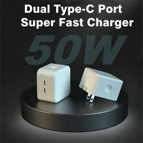 شاحن حائط مزدوج النوع C بقدرة 50 وات متوافق مع هاتف Samsung Galaxy Z Fold5 Fold4 Fold3 Flip5 Flip4 S24 Note20 Ultra iPhone15 Pro Max، شاحن سفر USB-C مع كابلين للشحن in Kuwait