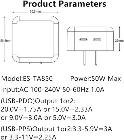 شاحن حائط مزدوج النوع C بقدرة 50 وات متوافق مع هاتف Samsung Galaxy Z Fold5 Fold4 Fold3 Flip5 Flip4 S24 Note20 Ultra iPhone15 Pro Max، شاحن سفر USB-C مع كابلين للشحن in Kuwait