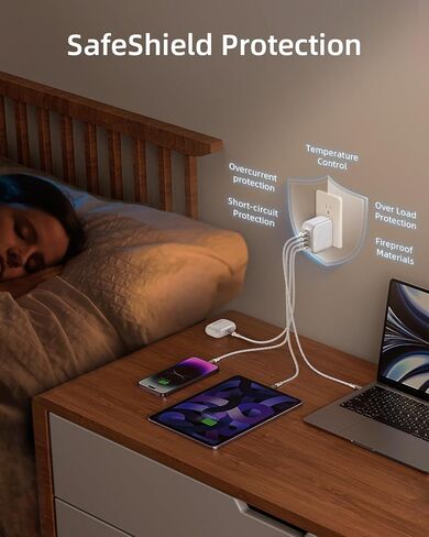 شاحن USB C بقوة 100 واط، 4 منافذ GaN، هاتف صغير الحجم قابل للطي، شاحن جداري سريع الشحن، محول طاقة متوافق مع أجهزة MacBook، iPad، iPhone، Galaxy، الكمبيوتر المحمول، AirPods، Apple Watch والمزيد in Kuwait