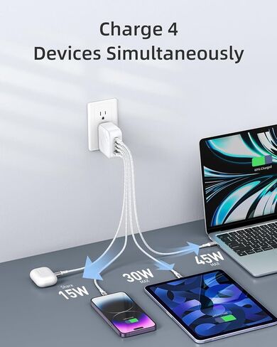 شاحن USB C بقوة 100 واط، 4 منافذ GaN، هاتف صغير الحجم قابل للطي، شاحن جداري سريع الشحن، محول طاقة متوافق مع أجهزة MacBook، iPad، iPhone، Galaxy، الكمبيوتر المحمول، AirPods، Apple Watch والمزيد in Kuwait