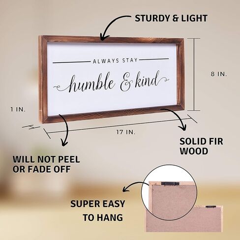 ديكور مزرعة - ديكور جداري فني حديث ريفي - ابق دائمًا متواضعًا ولطيفًا - لافتة مطبوعة بإطار من الخشب الصلب لتزيين جميع الغرف - مقاس 8 × 17 بوصة in Kuwait
