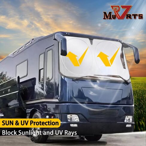 مظلة الزجاج الأمامي RV، غطاء الزجاج الأمامي RV للحماية من أشعة الشمس فوق البنفسجية والحرارة، واقي الشمس العاكس RV يحافظ على برودة RV، ظل الشمس للمركبة الترفيهية الأمامية، والشاحنة، والمنزل المتنقل، والحافلة الأكبر، XXXL-102 × 51 بوصة. in Kuwait