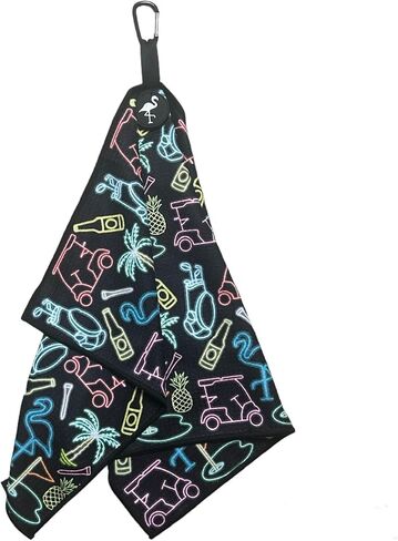 Logie Joe's Miami Slice Neon Magnetic Microfiber Golf Bag Towel, 23.5" x 15.5", High Quaility Double Sided, Carabiner Clip, Magnet, for Men Women Kids, Flamingo Pineapple Palm Tree in Kuwait