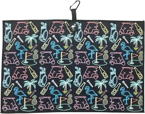 Logie Joe's Miami Slice Neon Magnetic Microfiber Golf Bag Towel, 23.5" x 15.5", High Quaility Double Sided, Carabiner Clip, Magnet, for Men Women Kids, Flamingo Pineapple Palm Tree in Kuwait