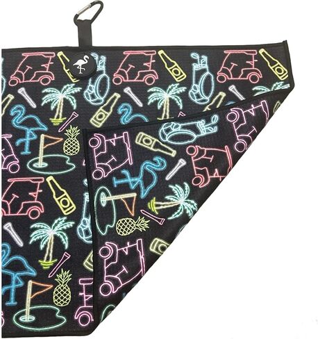 Logie Joe's Miami Slice Neon Magnetic Microfiber Golf Bag Towel, 23.5" x 15.5", High Quaility Double Sided, Carabiner Clip, Magnet, for Men Women Kids, Flamingo Pineapple Palm Tree in Kuwait