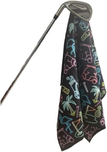 Logie Joe's Miami Slice Neon Magnetic Microfiber Golf Bag Towel, 23.5" x 15.5", High Quaility Double Sided, Carabiner Clip, Magnet, for Men Women Kids, Flamingo Pineapple Palm Tree in Kuwait