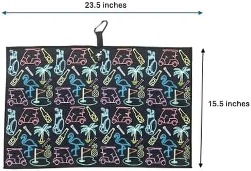Logie Joe's Miami Slice Neon Magnetic Microfiber Golf Bag Towel, 23.5" x 15.5", High Quaility Double Sided, Carabiner Clip, Magnet, for Men Women Kids, Flamingo Pineapple Palm Tree in Kuwait