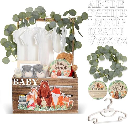 Woodland Animal Wooden Baby Shower Crate Closet, Baby Basket with Handle and Baby Announcement Sign Garland Letter, Woodland Animal Baby Shower Wooden Gift Crate for Pregnancy New Parent in Saudi Arabia