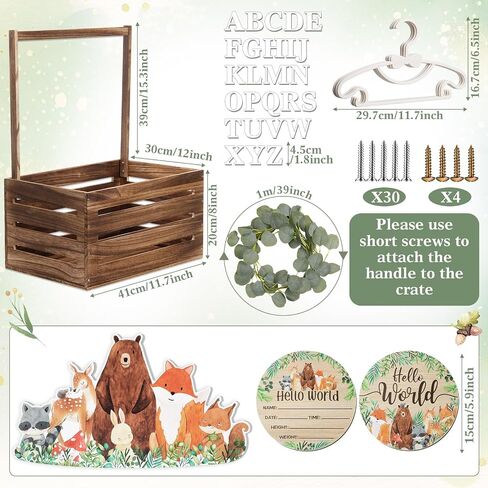 Woodland Animal Wooden Baby Shower Crate Closet, Baby Basket with Handle and Baby Announcement Sign Garland Letter, Woodland Animal Baby Shower Wooden Gift Crate for Pregnancy New Parent in Saudi Arabia