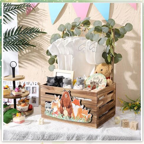 Woodland Animal Wooden Baby Shower Crate Closet, Baby Basket with Handle and Baby Announcement Sign Garland Letter, Woodland Animal Baby Shower Wooden Gift Crate for Pregnancy New Parent in Saudi Arabia