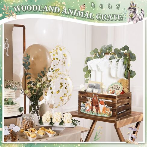 Woodland Animal Wooden Baby Shower Crate Closet, Baby Basket with Handle and Baby Announcement Sign Garland Letter, Woodland Animal Baby Shower Wooden Gift Crate for Pregnancy New Parent in Saudi Arabia