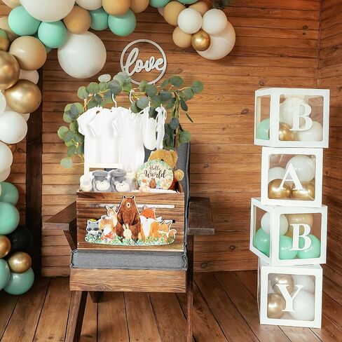 Woodland Animal Wooden Baby Shower Crate Closet, Baby Basket with Handle and Baby Announcement Sign Garland Letter, Woodland Animal Baby Shower Wooden Gift Crate for Pregnancy New Parent in Saudi Arabia