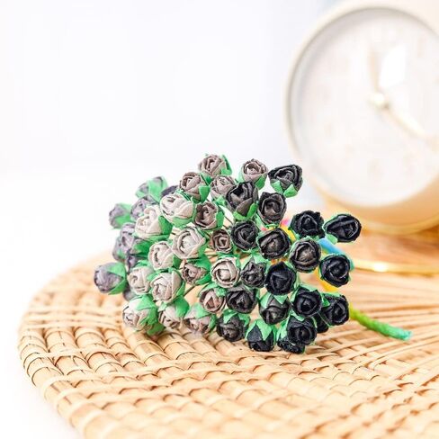 Artificial Roses, Artificial Flowers 50 Pcs Mulberry Paper Tiny Rose Artificial Mulberry Paper Rose Mulberry Paper Flowers Wedding Scrapbook DIY Craft Scrapbook Bouquet Craft Stem (Black Tone) in Saudi Arabia